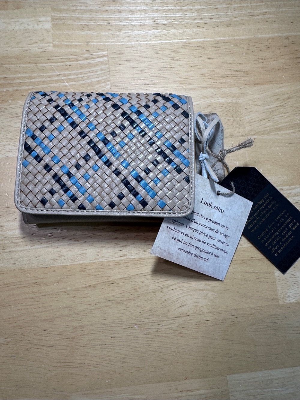 Beige Woven Accent Bifold Wallet with Blue Trim